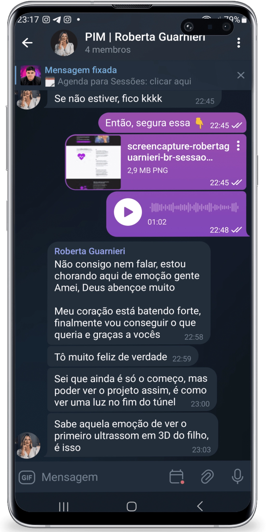 Print do Telegram com mensagem da Roberta Guarnieri chorando de emoção ao receber a estrutura pronta