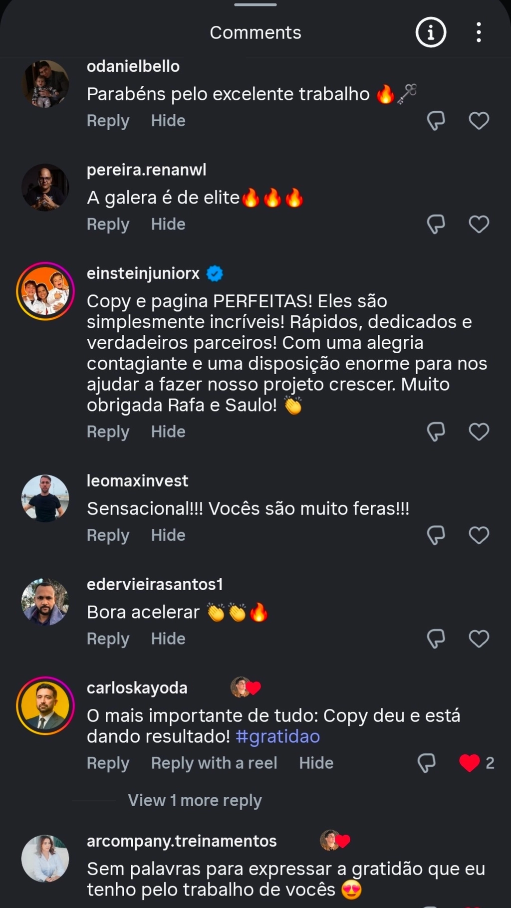 Feedbacks de clientes no Instagram elogiando a Copy e as páginas criadas