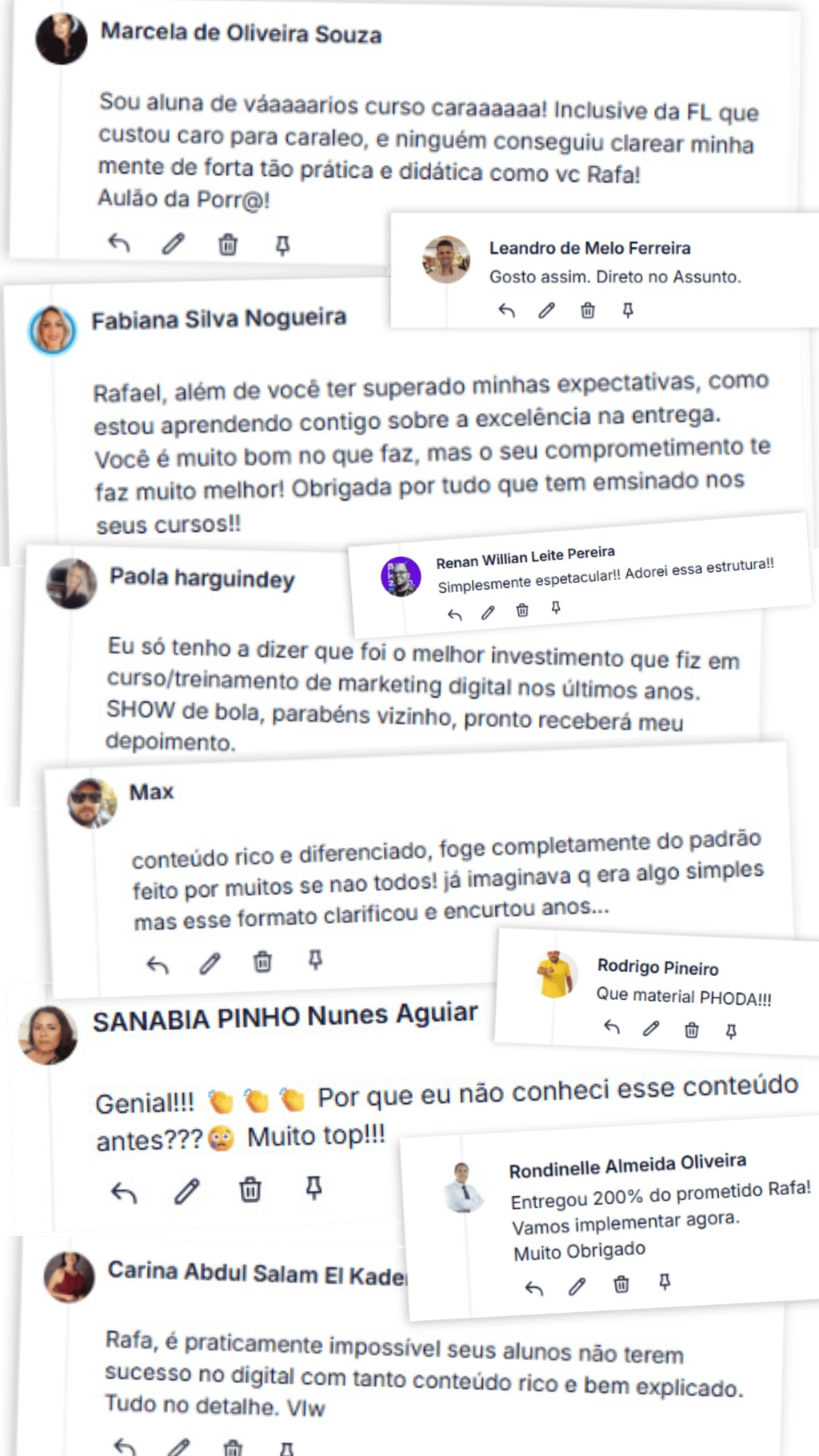 Mural com diversos comentários e depoimentos elogiosos de alunos e clientes